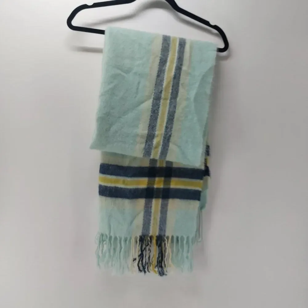 Steve Madden Fuzzy Scarf with Tassels Blue Navy Blue Aqua Yellow - Picture 10 of 10